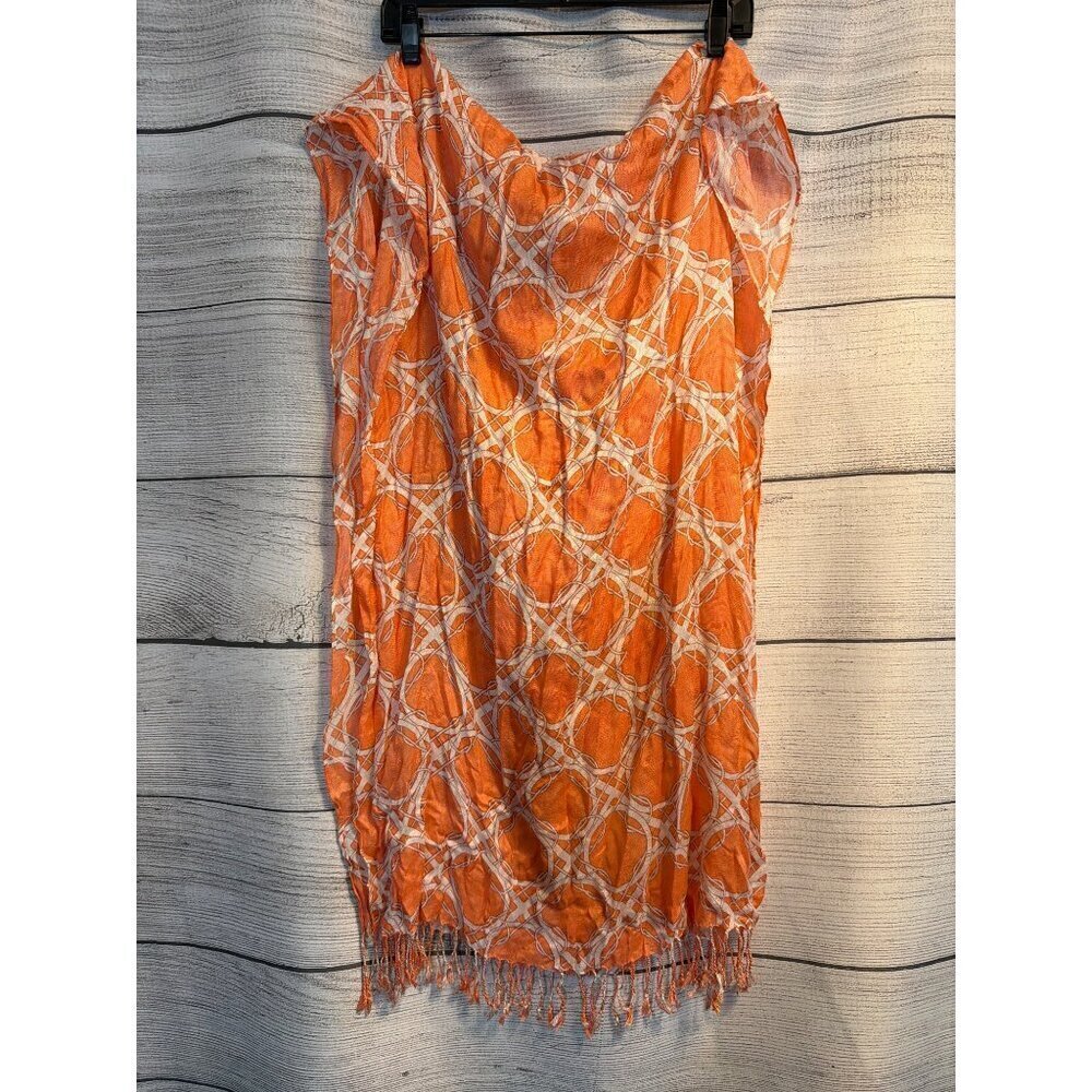 Isaac Mizrahi Live! Orange & White Geometric Print Rayon Scarf Wrap With Fringe